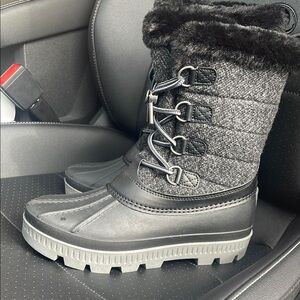 Black and Gray Insulated Duck Boots with Rugged Sole